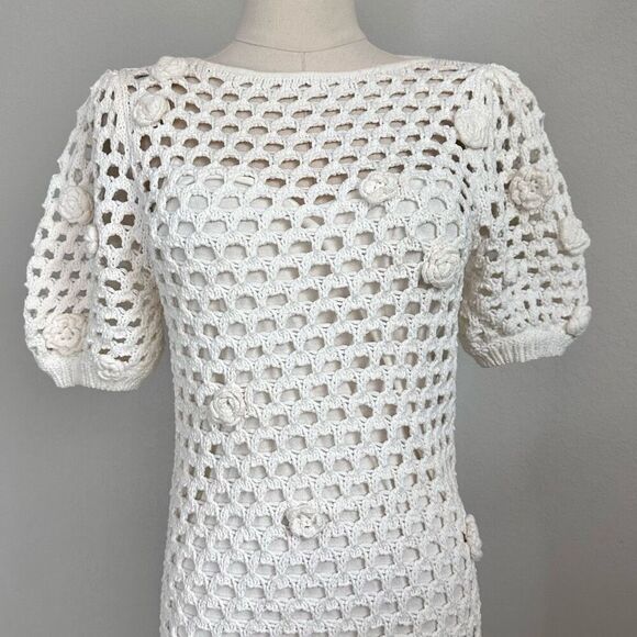 Something Navy Crochet Mini Dress with Floral Appliqué Cottage sz M Boho Beachy - Picture 12 of 16